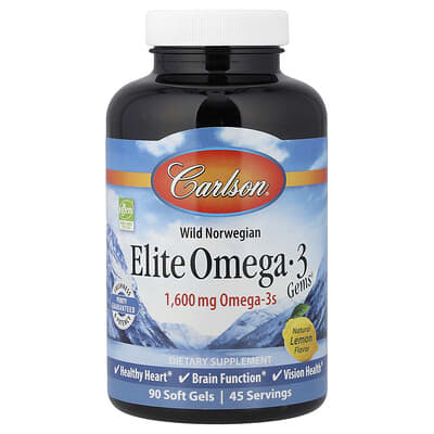 Carlson, Wild Norwegian, Elite Omega-3 Gems®, Natural Lemon Flavor, 1600 mg, 90 Softgels (800 mg per softgel)