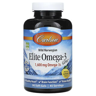 Carlson, Wild Norwegian, Elite Omega-3 Gems, Elite Omega-3 Gems, натуральный лимонный вкус, 1600 мг, 90 капсул (800 мг в одной капсуле)