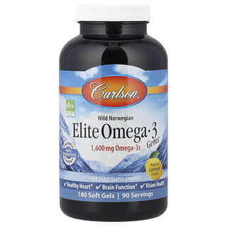 Carlson, Elite Omega-3 Gems, Suplemento de omega-3 selectos provenientes de peces capturados en estado salvaje de origen noruego, Sabor natural a limón, 1600 mg, 180 cápsulas blandas (800 mg por cápsula blanda)