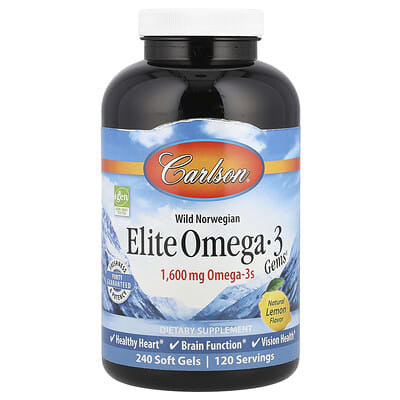 Carlson, Elite Omega 3 Gems, Natural Lemon Flavor, 1,600 mg, 240 Softgels (800 mg each softgel)