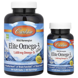 Carlson‏, Elite Omega-3 Gems, חומצות אומגה-3 באיכות פרימיום מדגים נורבגיים שנלכדו בטבע, טעם לימון טבעי, 1,600 מ"ג, 120 כמוסות רכות (800 מ"ג לכמוסה רכה)