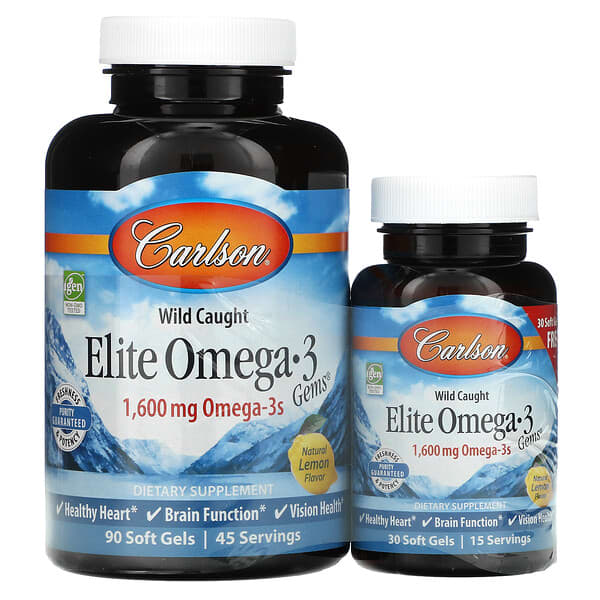 Carlson Labs, Wild Caught, Elite Omega-3 Gems, Natural Lemon Flavor, 1,600 mg, 90 + 30 Free Soft Gels