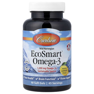 Carlson, Norwegian Wild Fish Oil EcoSmart® Omega-3, Natural Lemon Flavor, 90 Softgels