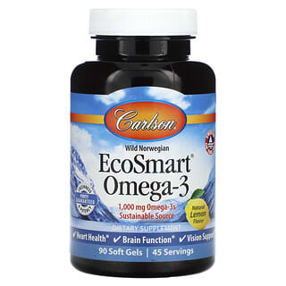 Carlson, Omega-3 EcoSmart de Noruega silvestre, Limón natural, 1000 mg, 90 cápsulas blandas (500 mg por cápsula blanda)