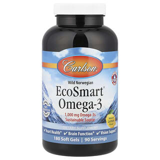 Carlson, Wild Norwegian, EcoSmart® Omega-3, Natural Lemon, 1,000 mg, 180 Soft Gels (500 mg per Soft Gel)