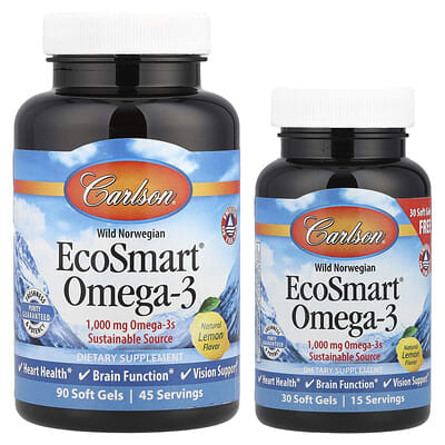 Carlson, Norwegian Wild Fish Oil, EcoSmart® Omega-3, Natural Lemon Flavor, 120 Softgels
