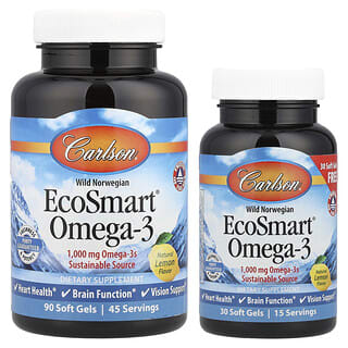 Carlson, Wild Norwegian, EcoSmart® Omega-3, naturalna cytryna, 1000 mg, 120 kapsułek miękkich (500 mg na kapsułkę)