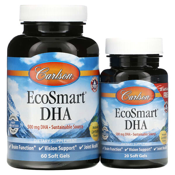 Carlson, EcoSmart DHA, Natural Lemon, 500 mg, 60 Soft Gels + 20 Soft Gels