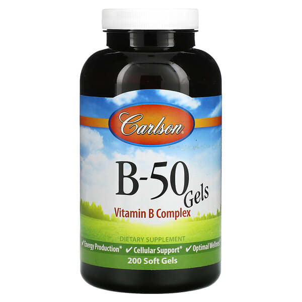 Carlson, B•50 Gel, Complejo de Vitamina B, 200 Pastillas Blandas de Gel