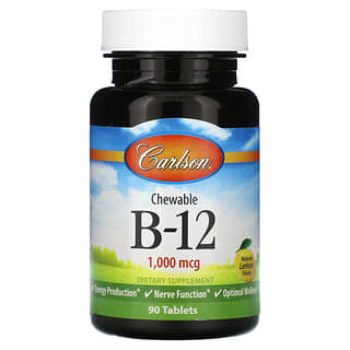 Carlson, Жевательные витамины B12, лимон, 1000 мкг, 90 таблеток