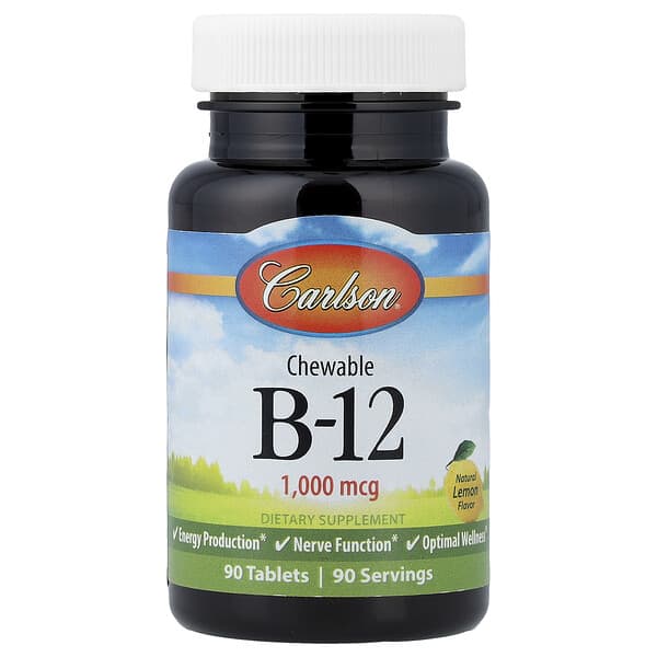 Carlson, 츄어블 B-12, 천연 레몬 맛, 1,000mcg, 90정