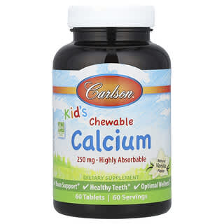 Carlson, Calcium à croquer pour enfants, vanille naturelle, 250 mg, 60 comprimés