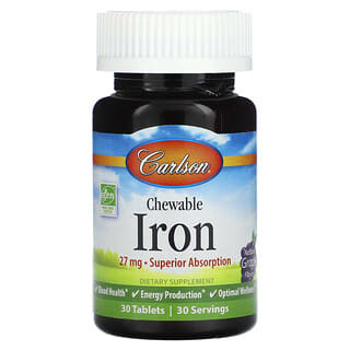 Carlson, Ferro mastigável, Sabor natural de uva, 27 mg, 30 comprimidos
