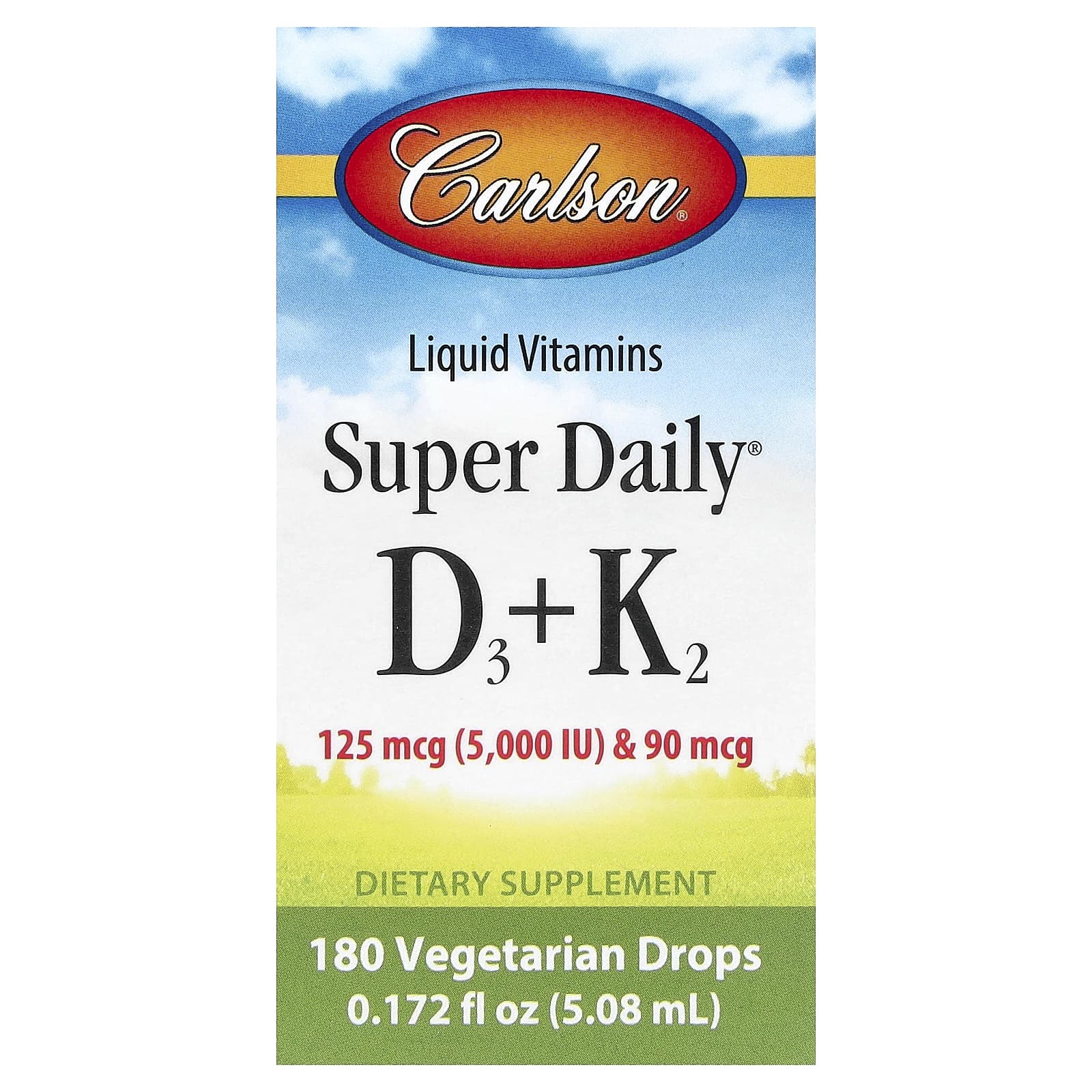 Carlson, Super Daily® D3 + K2, 125 мкг (5000 МЕ) и 90 мкг, 2,54 мл (0,086 жидк. унции)