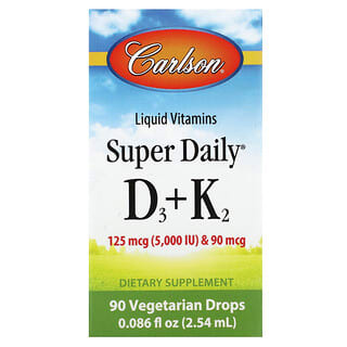 Carlson, D3 + K2 superdiarias, 125 mcg (5000 UI) y 90 mcg, 90 gotas vegetales, 2,54 ml (0,086 oz. Líq.)