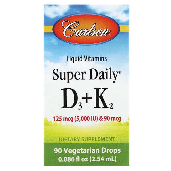 Carlson, 超級日常維生素 D3 + K2，125 微克（5,000 國際單位） 和 90 微克，90 滴素食滴劑，0.086 液量盎司（2.54 毫升）