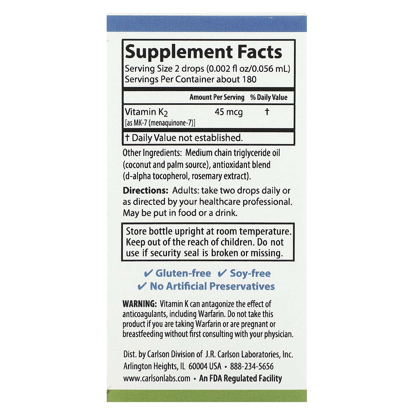 Carlson, Liquid Vitamin K, Super Daily K2, 45 mcg, 0.34 fl oz (10.16 ml)