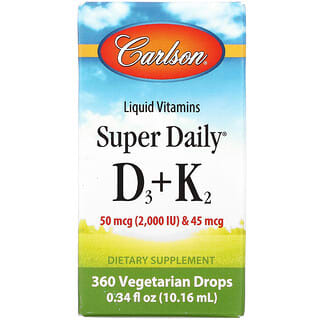 Carlson Labs, Vitaminas líquidas, D3 + K2 superdiarias, 25 mcg (1000 UI) y 22,5 mcg, 360 gotas vegetales, 10,16 ml (0,34 oz. Líq.)