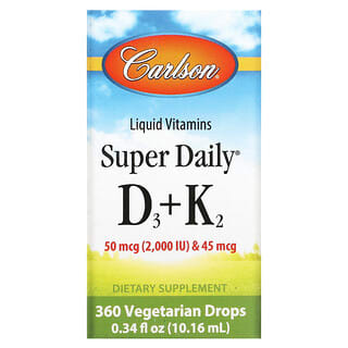 Carlson, Liquid Vitamins, Super Daily D3+K2, 25 mcg (1,000 IU) & 22.5 mcg, 360 Vegetarian Drops, 0.34 fl oz (10.16 ml)