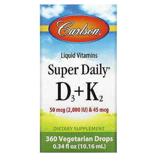 Carlson, 액상 비타민, Super Daily D3 + K2, 25mcg(1,000IU) 및 22.5mcg, 식물성 드롭 360방울, 10.16ml(0.34fl oz)