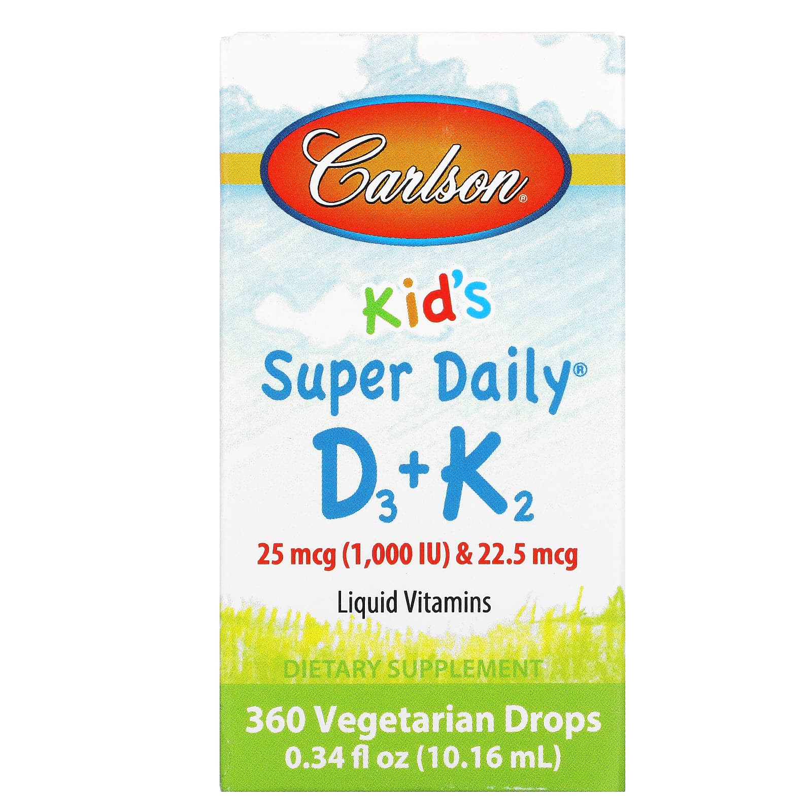 Заказать Carlson, Super Daily D3+K2 для детей, 25 мкг (1000 МЕ) и 22,5 мкг, 10,16 мл