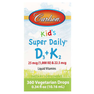 Carlson‏, Kid's, ויטמינים יומיומיים לילדים D3+K2 מכיל 25 מק“ג (1,000 יחב״ל) ו-22.5 מק“ג, 10.16 מ“ל (0.34 אונקיות נוזל)