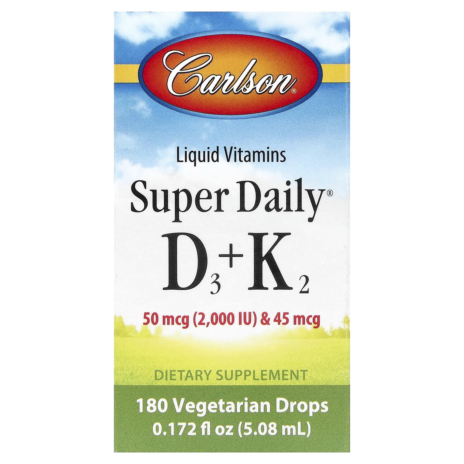 Carlson, Super Daily® D3 + K2, 50 мкг (2000 МЕ) и 45 мкг, 2,54 мл (0,086 жидк. Унции)