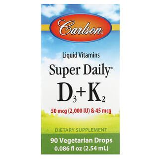 Carlson, Super Daily Vitamines D3 + K2, 90 gouttes végétariennes, 2,54 ml