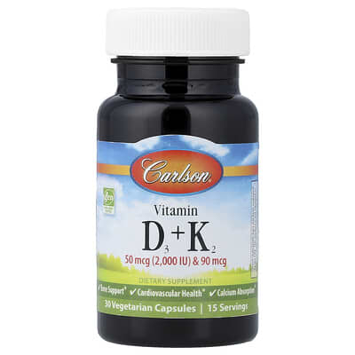 Carlson, Vitamins D3 + K2, 30 Vegetarian Capsules