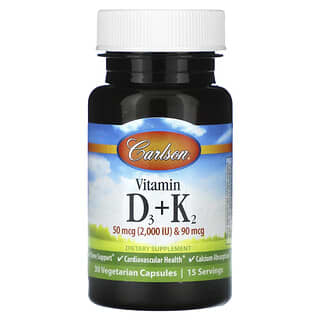 Carlson, Vitamina D3 + K2`` 30 cápsulas vegetales