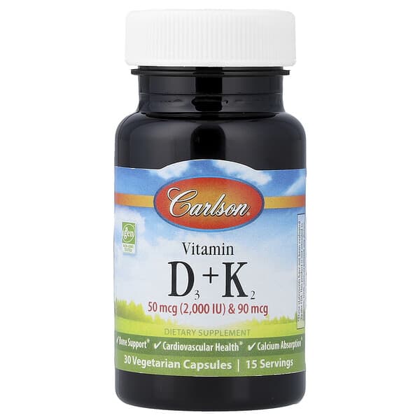 Carlson Vitamins D3 + K2, 30 Vegetarian Capsules