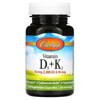 Carlson, Vitamin D3 + K2, 50 mcg (2.000 IU) und 90 mcg, 120 vegetarische Kapseln