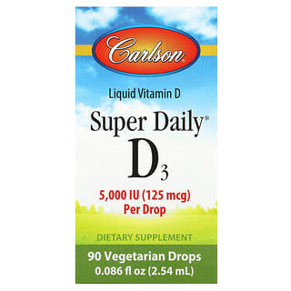 Carlson‏, "Super Daily‏, D3‏, 125 מק""ג (5,000 יחב״ל), 90 טיפות צמחוניות, 0.086 אונקיות נוזל (2.54 מ""ל)"