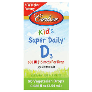 Carlson, Kid's Super Daily D3, 15 mcg (600 IU), 90 Vegetarian Drops, 0.086 fl oz (2.54 ml)