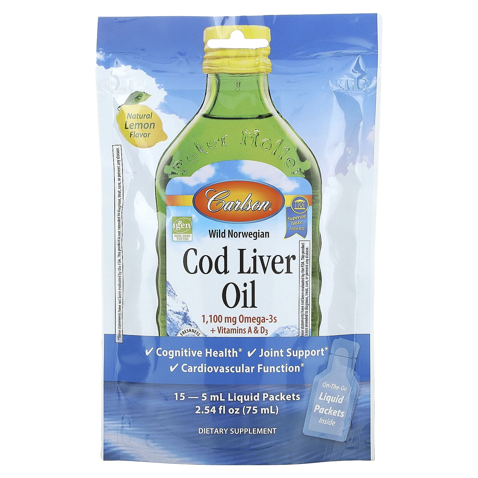 Carlson, Wild Norwegian Cod Liver Oil, Natural Lemon, 15 Liquid Packets