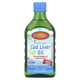 Carlson, Noruega salvaje para niños, Aceite de hígado de bacalao con vitaminas A y D3, Chicle, 250 ml (8,4 oz. líq.)