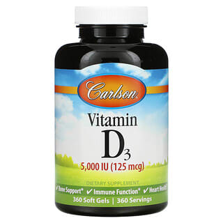 Carlson, Vitamin D3, 125 mcg (5,000 IU), 360 Soft Gels