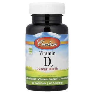 Carlson, Vitamin D3, 25 mcg (1,000 IU), 60 Soft Gels