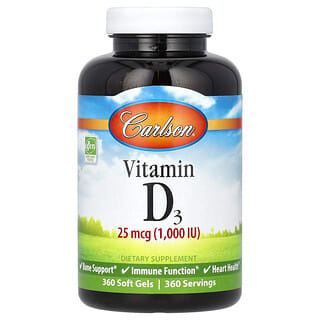 Carlson, Витамин D3, 25 мкг (1000 МЕ), 360 мягких таблеток