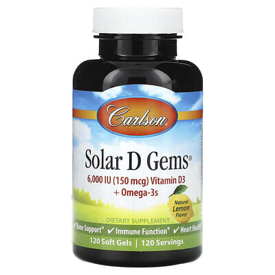 Carlson, Solar D Gems®, Vitamin D3 + Omega-3s, Natural Lemon, 120 Soft Gels