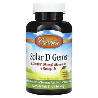 Carlson, Solar D Gems®（ソーラーDジェムス）、ビタミンD3＋オメガ3、天然レモン、ソフトジェル120粒