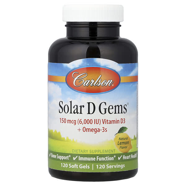 Carlson, Solar D Gems®, Vitamina D3 más omega-3, Limón natural, 120 cápsulas blandas
