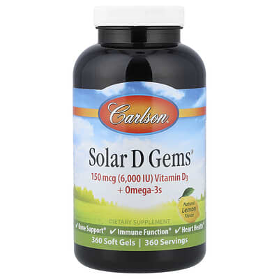 Carlson, Solar D Gems®, Vitamin D3+Omega-3s, Natural Lemon Flavor, 360 Softgels