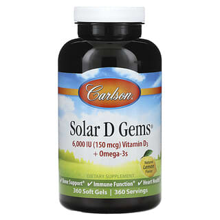 Carlson, Solar D Gems®, вітамін D3 + омега-3, натуральний лимон, 360 капсул