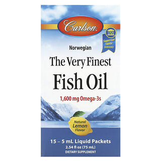 Carlson, Aceite de pescado noruego The Very Finest, Limón natural, 1600 mg, 15 sobres líquidos, 5 ml (0,17 oz. Líq.) Cada uno