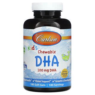Carlson, DHA Mastigável para Crianças, Laranja Explosiva, 100 mg, 180 Cápsulas Softgel
