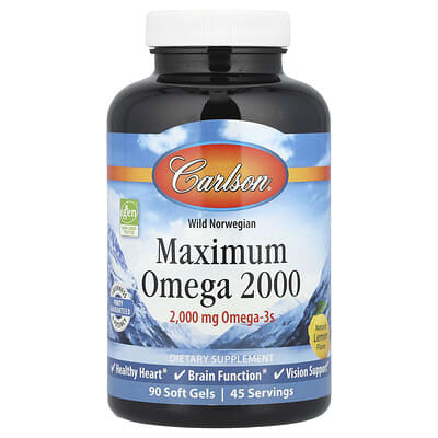 Carlson, Wild Norwegian, Maximum Omega 2000, Natural Lemon Flavor, 2,000 mg, 90 Softgels (1,000 mg each softgel)