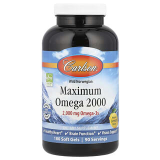 Carlson, Origem Silvestre da Noruega, Maximum Omega 2000, Limão Natural, 2.000 mg, 180 Cápsulas Softgel (1.000 mg por Cápsula Softgel)