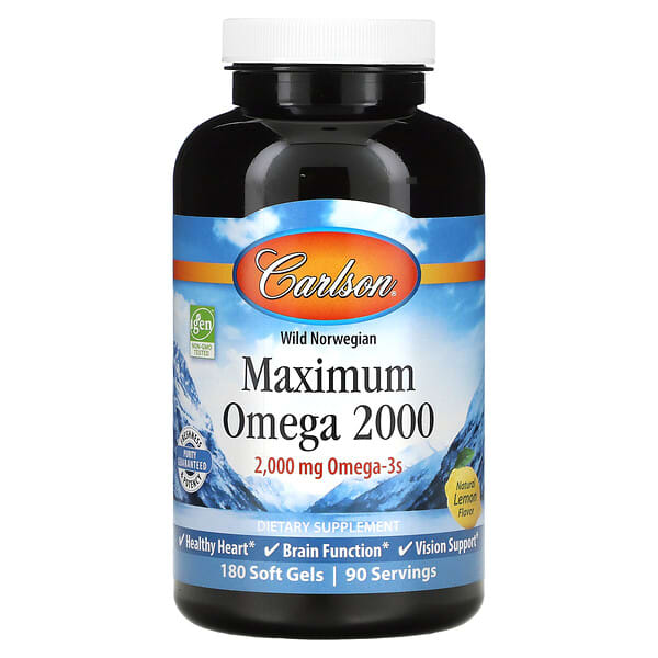 Carlson Labs, Maximum Omega 2000, натуральный лимон, 2000 мг, 180 мягких желатиновых капсул