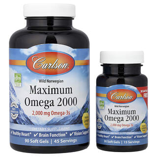 Carlson, Maximum Omega 2000, омега из норвежской рыбы дикого улова, натуральный лимонный вкус, 120 капсул (1000 мг в 1 капсуле)